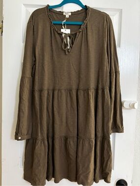 dylan Olive Tiered Long Sleeve Tie-Neck Dress